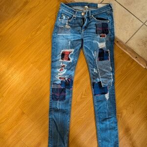 rag & bone Blue Distressed Skinny Jeans with Plaid Patchwork